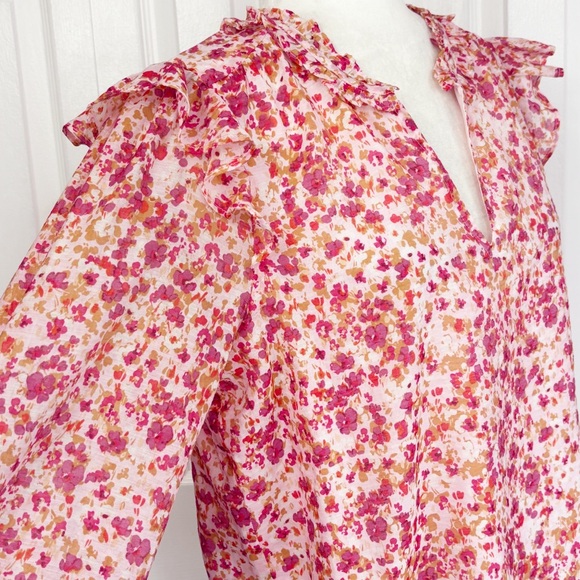 J. Crew Pink Floral Dainty Ruffle V-Neck Long Sleeve Blouse Medium - Picture 6 of 16